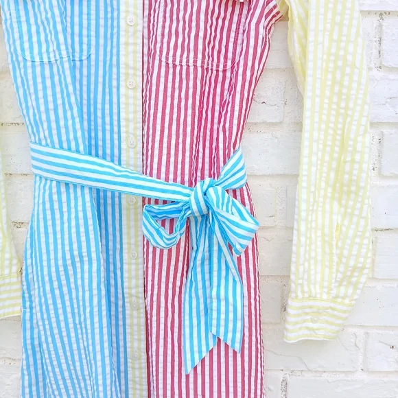 Lands' End Seersucker Colorblock Shirt Dress - Picture 6 of 9